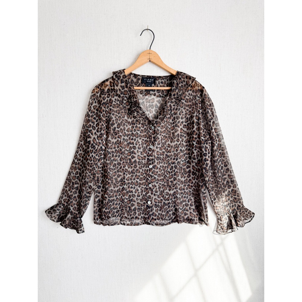 Virgo Petite Leopard‎ Print Sheer Ruffle Collar Button Up Blouse Brown Size 12P
